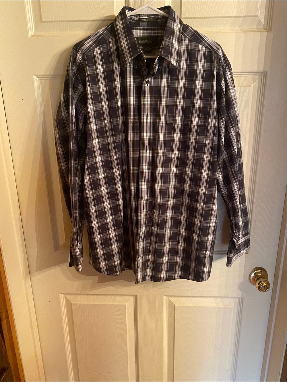 Eddie Bauer Navy and White Plaid Button-Down Shirt